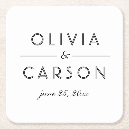 白黒エレガントカスタムウェディングモノグラム スクエアペーパーコースター (正面)