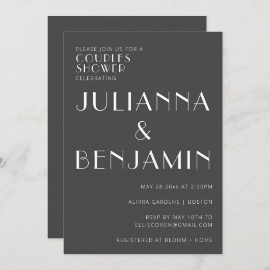 白黒エレガントカップルのミニマルなシャワー 招待状 (正面/裏面)