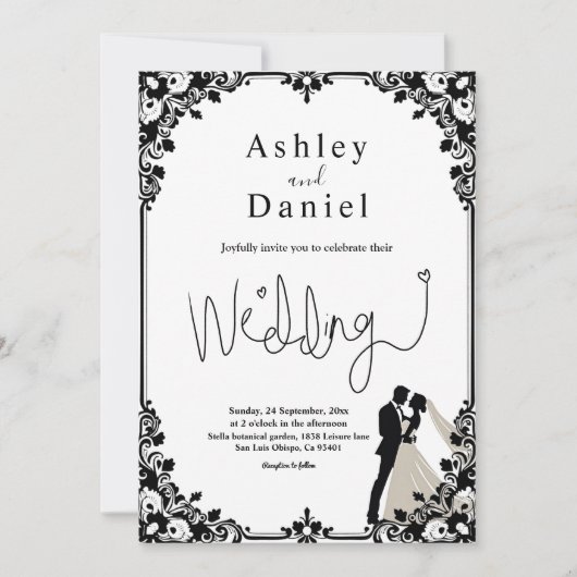 白黒エレガントカップルクラシック結婚の 招待状 (正面)