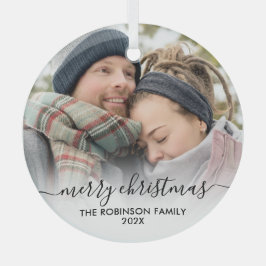 白黒エレガントカップル写真メリークリスマス ガラスオーナメント