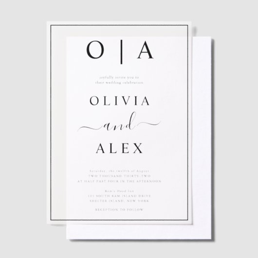 白黒エレガントクラシック結婚式招待状 ベラム紙招待状 (オフセット)