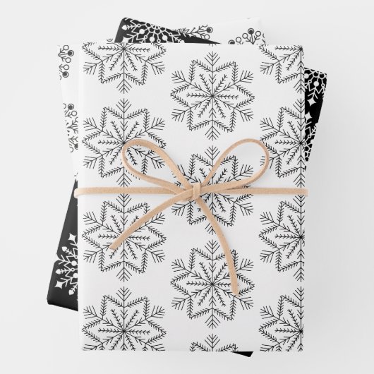白黒エレガントクリスマススノーフレーク模様 ラッピングペーパーシート (インサイチュ)