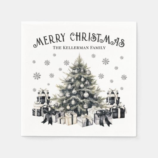 白黒エレガントクリスマスツリー スタンダードカクテルナプキン (正面)