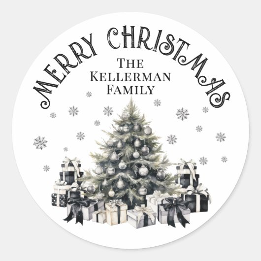 白黒エレガントクリスマスツリー ラウンドシール (正面)