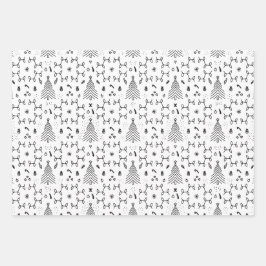 白黒エレガントクリスマスパインの木柄 ラッピングペーパーシート