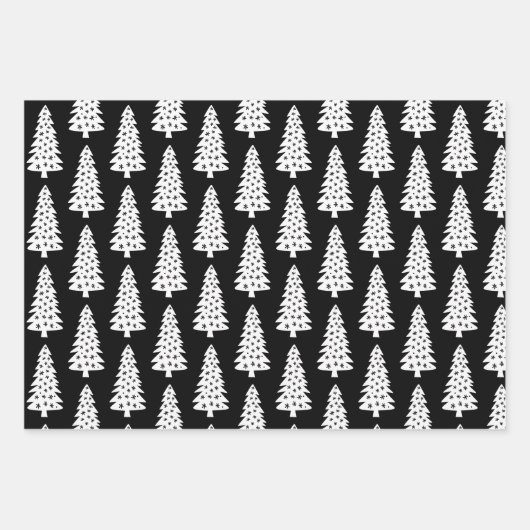 白黒エレガントクリスマスホリデーツリーパターン ラッピングペーパーシート (正面3)