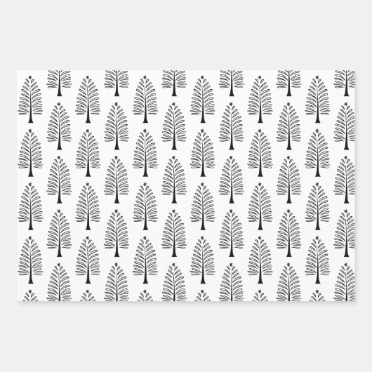 白黒エレガントクリスマスホリデーツリーパターン ラッピングペーパーシート (正面2)