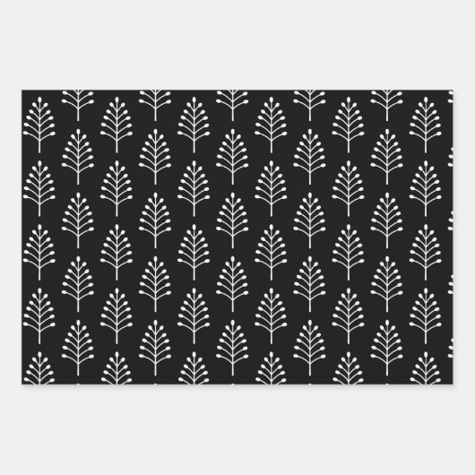 白黒エレガントクリスマスホリデーツリーパターン ラッピングペーパーシート (正面)