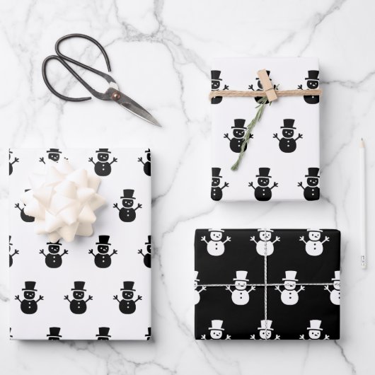 白黒エレガントクリスマス雪だるまパターンギフト ラッピングペーパーシート (正面)