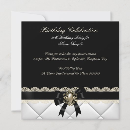 白黒エレガントクリームパールレース誕生日2 招待状 (裏面)