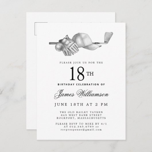 白黒エレガントゴルフ18thバースデーパーティー インビテーションポストカード (正面/裏面)