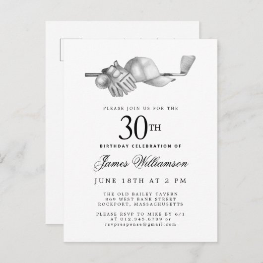 白黒エレガントゴルフ30th誕生日パーティー インビテーションポストカード (正面/裏面)