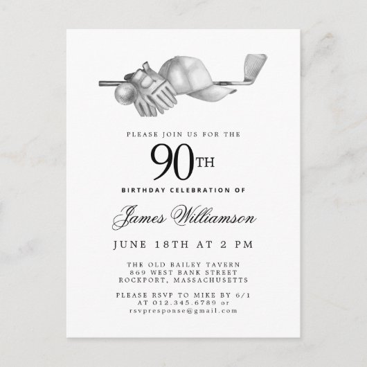 白黒エレガントゴルフ90thバースデーパーティー インビテーションポストカード (正面)