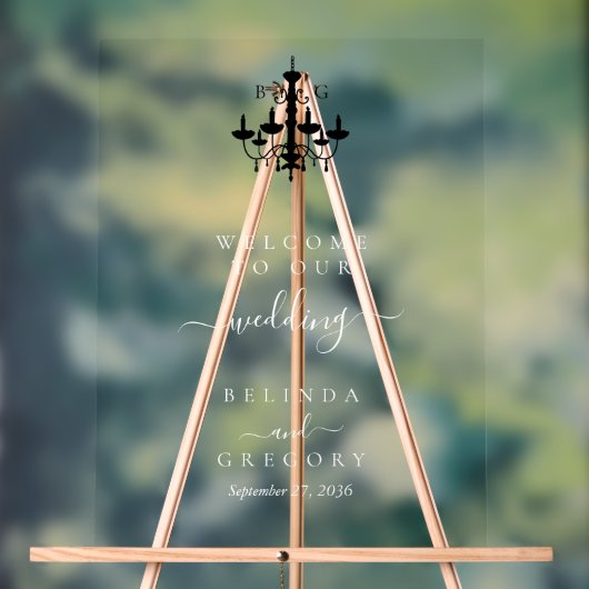 白黒エレガントシャンデリアモノグラム結婚ズ アクリルサイン (ニュートラル)