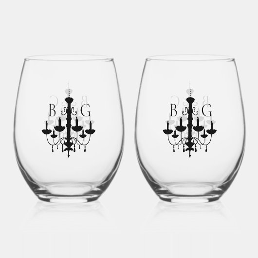 白黒エレガントシャンデリアモノグラム結婚ズ ステムなしワイングラス (正面)