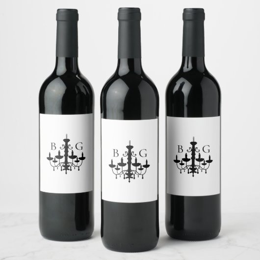 白黒エレガントシャンデリアモノグラム結婚ズ ワインラベル (ボトル)