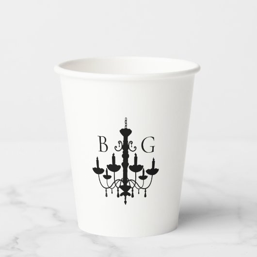 白黒エレガントシャンデリアモノグラム結婚ズ 紙コップ (正面)