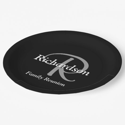 白黒エレガントシルバーモノグラムファミリー懇親会 ペーパープレート (アングル)