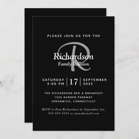 白黒エレガントシルバーモノグラムファミリー懇親会 招待状 (正面/裏面)