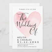 白黒エレガントスクリプトのピンクハート 招待状 (正面/裏面)