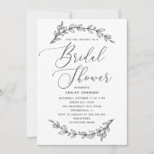 白黒エレガントスクリプトフローラブライダルシャワー 招待状 (正面)