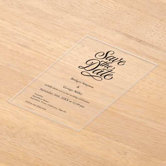 白黒エレガントス結婚クリプトの日付の安全 アクリル招待状 (レイダウン)