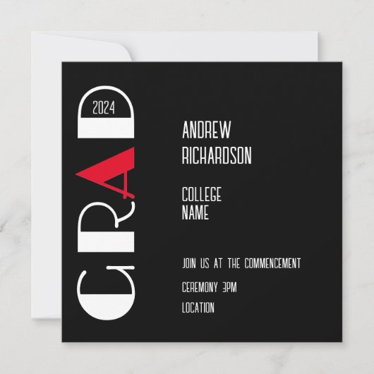 白黒エレガントタイポグラフィ院生フラットカード 案内状 (正面)