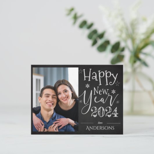 白黒エレガントタイポグラフィ2024年年新年写真 ポストカード (スタンド正面)
