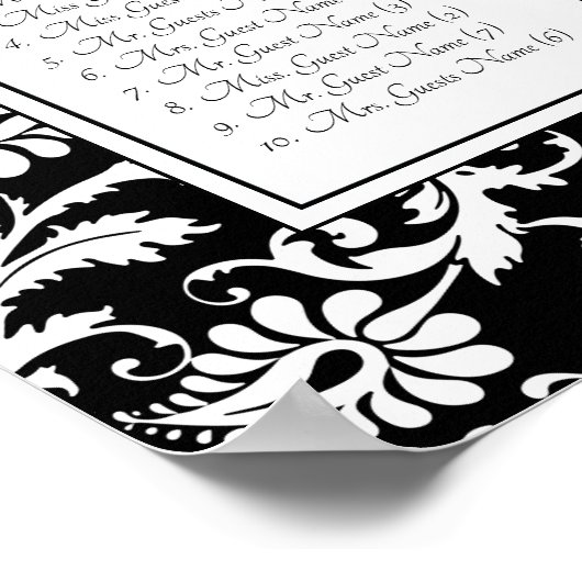 白黒エレガントダマスクの結婚式の座席表 ポスター (角)