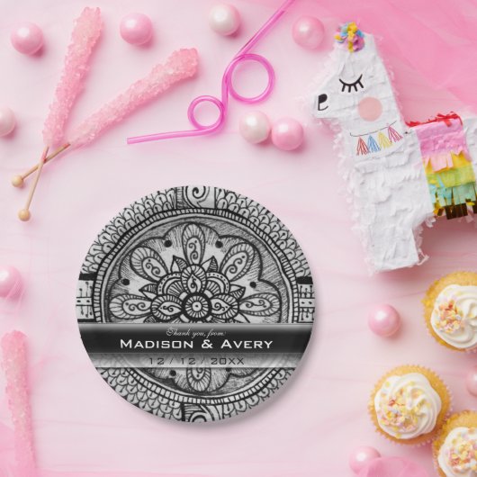 白黒エレガントダマスクウェディングイベントラブウィン ペーパープレート (パーティー)