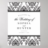 白黒エレガントダマスクウェディングウェルカムサイン ポスター (正面)