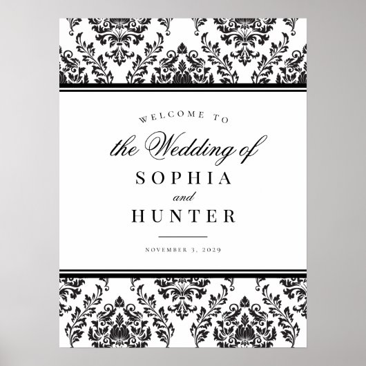 白黒エレガントダマスクウェディングウェルカムサイン ポスター (正面)