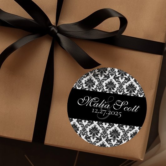 白黒エレガントダマスクウェディング ラウンドシール