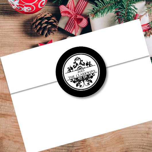 白黒エレガントダマスクラウンドエンベロープシール ラウンドシール