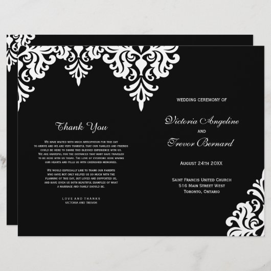 白黒エレガントダマスク結婚式プログラム (正面/裏面)