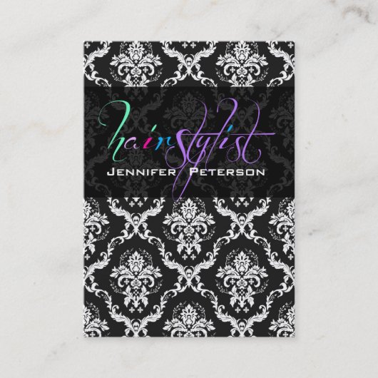 白黒エレガントダマスク美容師カード 名刺 (正面)