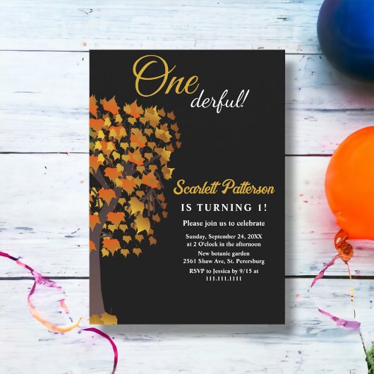 白黒エレガントツリー秋1st誕生日 招待状