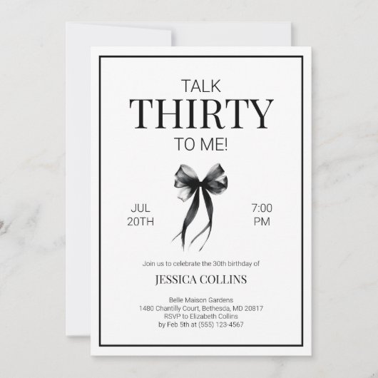 白黒エレガントトーク30対私誕生日 招待状 (正面)