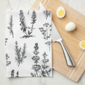白黒エレガントハーブガーデンパターン キッチンタオル (四つ折り)