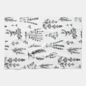 白黒エレガントハーブガーデンパターン キッチンタオル (横)