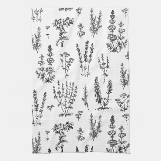 白黒エレガントハーブガーデンパターン キッチンタオル (縦)