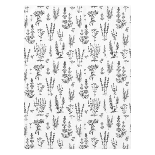 白黒エレガントハーブガーデンパターン テーブルクロス (正面)