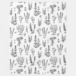 白黒エレガントハーブガーデンパターン フリースブランケット