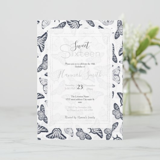 白黒エレガントバタフライデザイン 招待状 (スタンド正面)