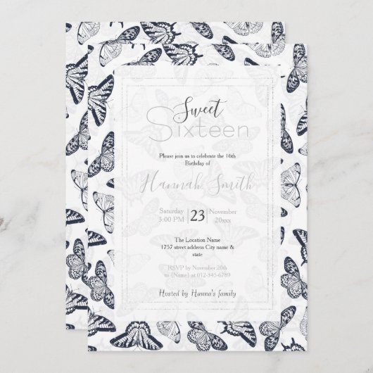 白黒エレガントバタフライデザイン 招待状 (正面/裏面)