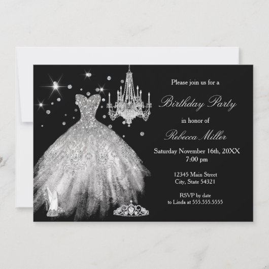 白黒エレガントバースデーパーティーシルバーヒール 招待状 (正面)