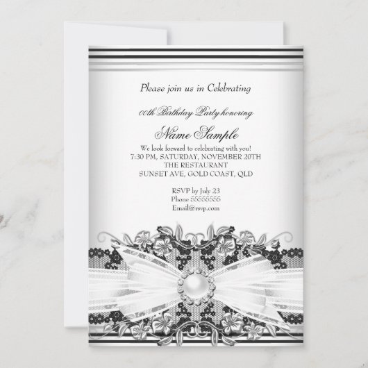 白黒エレガントパールジュエルボウレース誕生日 招待状 (正面)