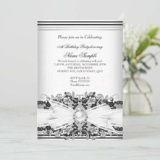 白黒エレガントパールジュエルボウレース誕生日 招待状 (スタンド正面)
