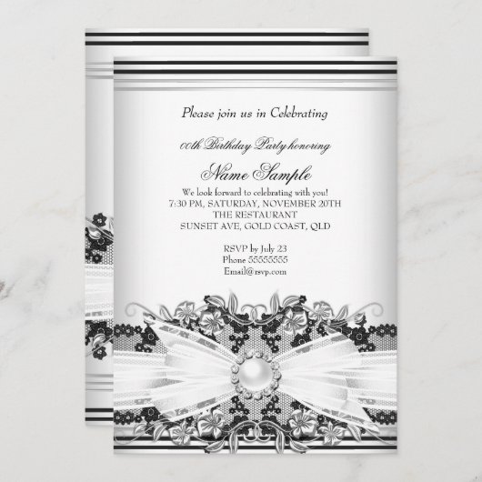 白黒エレガントパールジュエルボウレース誕生日 招待状 (正面/裏面)