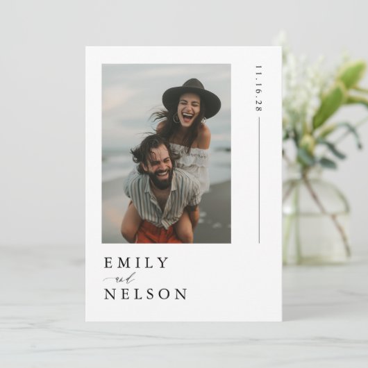 白黒エレガントビーチ結婚式写真 招待状 (スタンド正面)